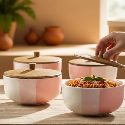 Image of The Earth Store Tritone Pink Matte Ceramic Bowl Set of 4 - 500ML Each with Nob Wooden Lid | Mixing Bowls for Snacks, Rice, Dal, Fruits, Salad Microwave Safe Bowl with Lid Perfect Gifting & Daily Use