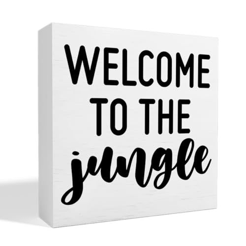 Image of Thoqii Nursery Table Decor, Baby Children's Kids Bedroom Desk Decoration for Playroom, Welcome to The Jungle Wooden Box Sign, White