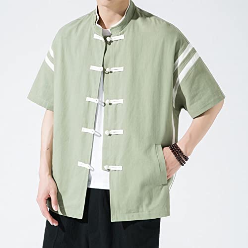 Chemise en lin homme vert vintage style chinois coupe décontractée col mandarin pour l'été