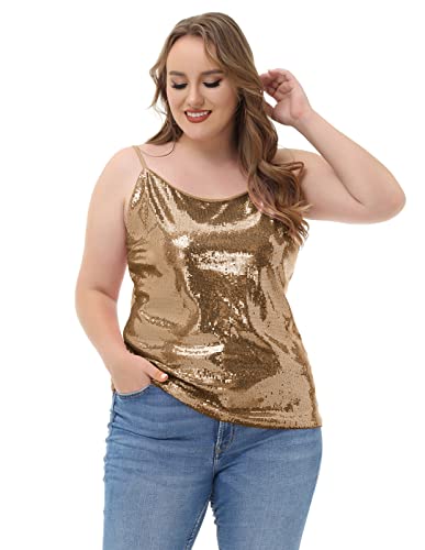 Shinny Vegas Outfit Sequin Shirt Camisole Plus Size Lightweight Cami Tanks Dark Gold 20W
