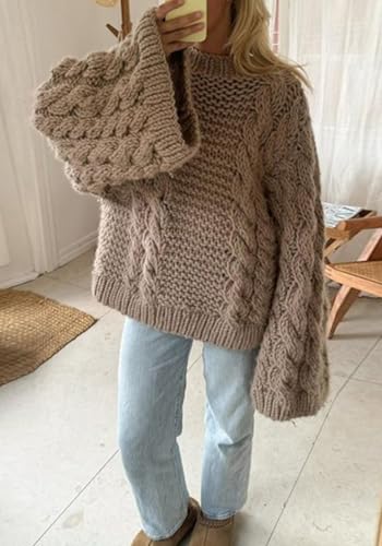 NRTHYE Women's Oversized Cable Knit Sweater Tops Loose Long Sleeves Crewneck Chunky Slouchy Baggy Pullover Sweaters3