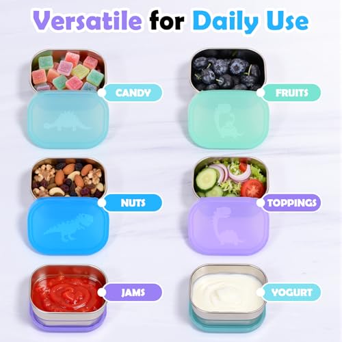 Image of Tanjiae 4x8oz Small Stainless Steel Snack Containers for Kids & Toddlers - 230mL Leakproof Food Containers with Cute Dino Lids | LFGB Certified, Stackable Metal Snack Box for Daycare, School, Travel