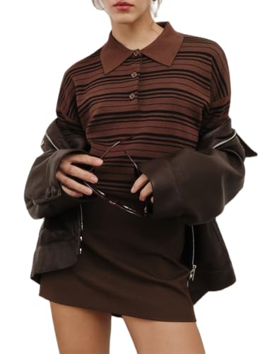 Giraropa Women Vintage Striped Polo Sweater Long Sleeve Lapel V Neck Knit Pullover Sweaters Fall Casual Tops