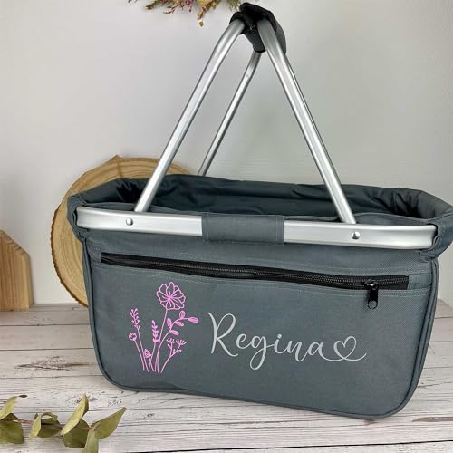 Einkaufskorb personalisiert I Blume Name Herzschrift I faltbar Geschenk Geburtstag Weihnachten Frauen Mutter Oma (anthrazit)