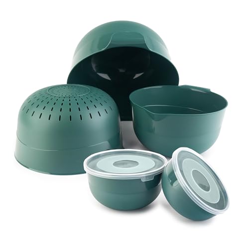 KADAX Lot de 5 bols avec couvercle, bols à salade, bols en plastique pour ranger les aliments, bols à fruits, bols de service empilables, bols mélangeurs...