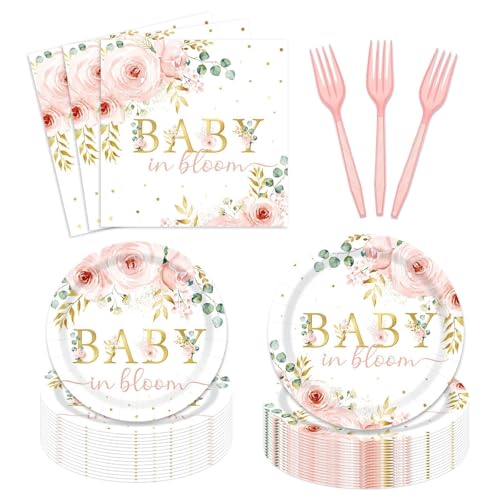 96 PCS Baby in Bloom Party Tableware Spring Floral Baby Shower Disposable Paper Plates Napkins Forks for Girl Pink Sage Green Party Decorations 24 Guests