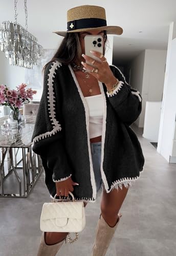 Image of chouyatou Women Fall Open Front Color Block Cardigan Sweater Casual Striped Chunky Knit Oversized Cardigan
