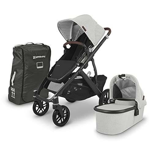 Vista V2 Stroller -Anthony (White & Grey Chenille/Carbon/Chestnut Leather) + Travel Bag for Vista, Vista V2, Cruz, Cruz V2