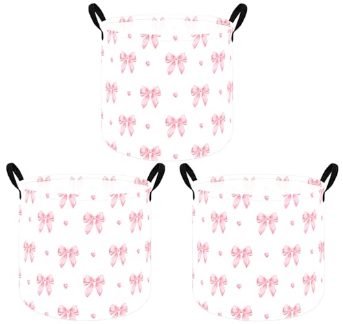 Image of MAIZMZ 3 Pack Pink Storage Baskets for Girls Room, Round Laundry Basket with Handles,Toy Organizer Bin with Water-Resistant Lining, Foldable Nursery Basket for Clothes, Toys, Gifts, Bedroom