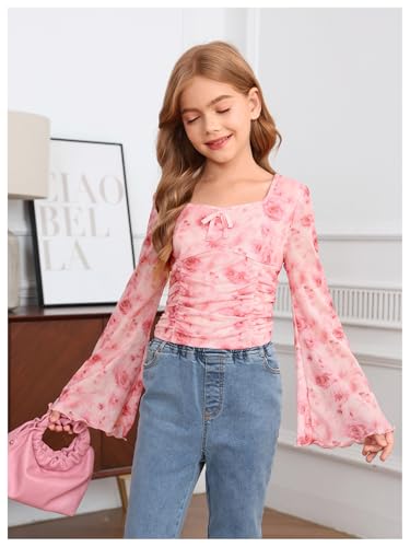 Image of Verdusa Girl's Floral Print Square Neck Lettuce Trim Long Bell Sleeve Ruched Tee Top