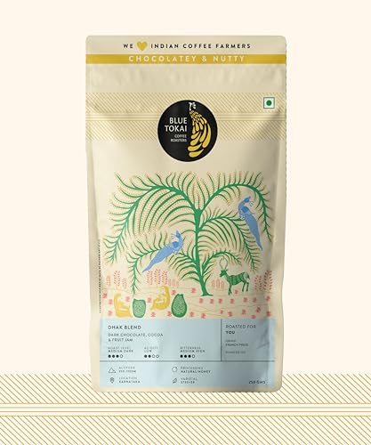 Blue Tokai Coffee Roasters Dhak Blend - Dark Roast | French Press Grind 250g | Premium Coffee Blend | 100% Arabica Beans | Specialty Coffee | Freshly Roasted Ground Coffee