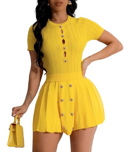 Image of Two Piece Outfits for Women Summer Going Out Knit Crop Tops Pleated Mini Skirt Sets Short Sleeve Mini Dress