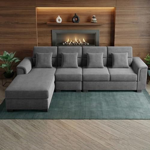 Image of Wood 6 Seater Sofa Set | Velvet Fabric Upholstery | Modern Wooden Frame Sectional Couch with Cushions for Living Room, Home & Office (Grey)