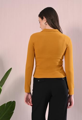 Image of Women's V-Neck Collar Full Sleeve Ribbed Top - Pure Cotton, All-Season, Comfortable & Stylish(Mustard,S)