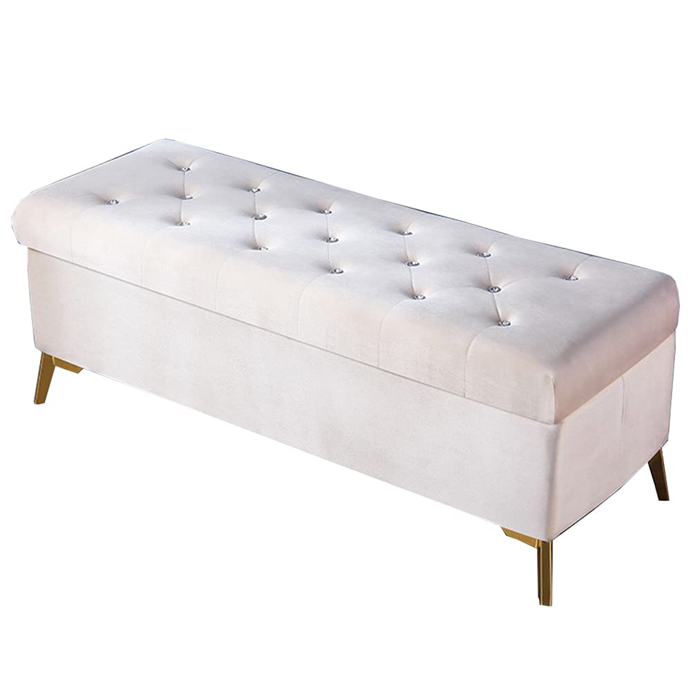 Tabouret de rangement en flanelle capitonnée rectangulaire à pieds en métal noir