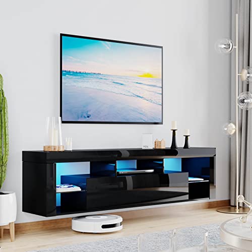 Floating TV Stand Wall Mounted - High Gloss Led Entertainment Center with Storage and Shelf, TV Stand for 65 Inch TV, Gaming Entertainment Center Console Table with Lights, Black Floating TV Stand Wall Mounted - High Gloss Led Entertainment Center with Storage and Shelf, TV Stand for 65 Inch TV, Gaming Entertainment Center Console Table with Lights, Black