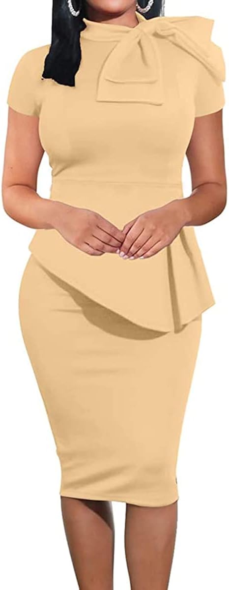 Women's Fashion Peplum Bodycon Short Sleeve Work Dresses Bow Club Ruffle Pencil Formal Cocktail Dress Medium 5349 Khaki
