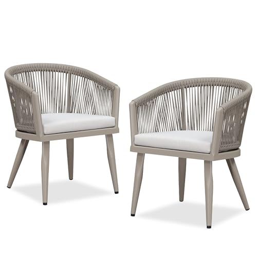 PURPLE LEAF 2 Pieces Outdoor Dining Chairs All-Weather Rattan for Lawn Garden Backyard Deck Patio Dining Chairs with Cushions, Champagne