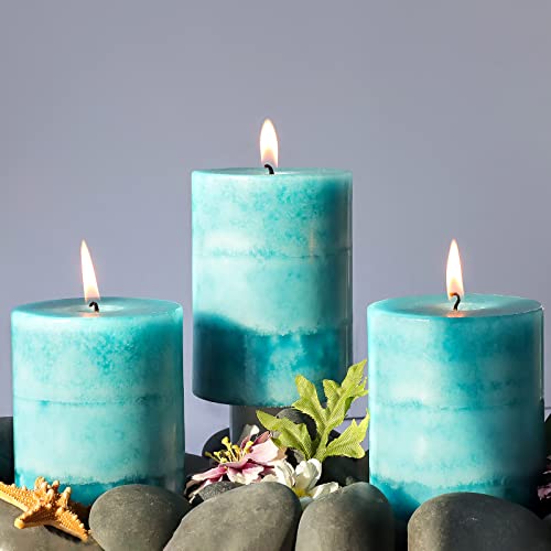 Flavcharm Teal Pillar Candles Ocean Breeze Scented Candles 3X4 Inch Turquoise Candles 3 Pack, Clean Burning Candles Scented, Green Candles For Home Scented, Room Decor, Ocean Theme Bathroom Decor #TOP20