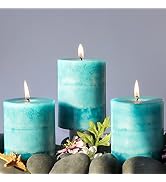 FLAVCHARM Teal Pillar Candles Ocean Breeze Scented Candles 3x4 inch Turquoise Candles 3 Pack, Cle...