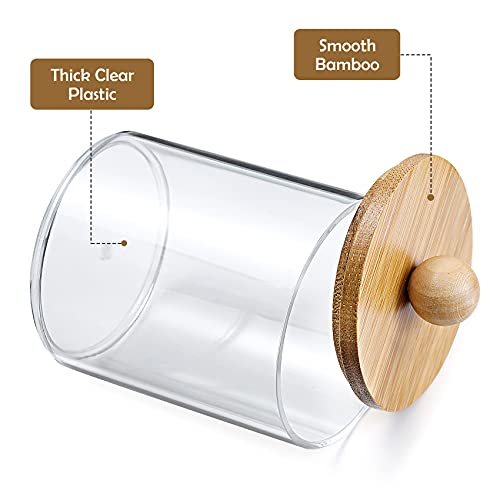 VITEVER-3-Pack-Qtip-Holder-Dispenser-with-Bamboo-Lids-10-oz-Clear-Plastic-Apothecary-Jar-Containers-for-Vanity-Makeup-Organizer-Storage-Bathroom-Accessories-Set-for-Cotton-Swab-Ball-Pads-Floss