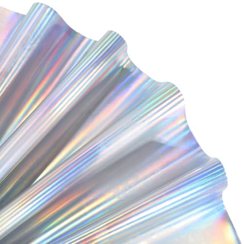 CALFOVERA Rollo de Tela de Vinilo Holográfico de Cuero Sintético Iridiscente de 1.35 × 0.3 m, Lámina de Cuero Reflectante Holográfico para Coser Pendientes, Bolsos, Carteras Y Hacer Lazos (Plateado)