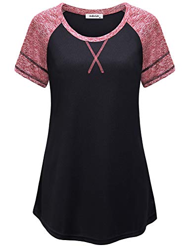 Sport T Shirts for Women,Mom Youth Funny Compression Jersey Vintage Round Neck Short Sleeve Yoga Tee Super Soft Sweat Fitness Tops Slim Fit Workout Football Ball Tunic Performance Clothes Red&Black L
