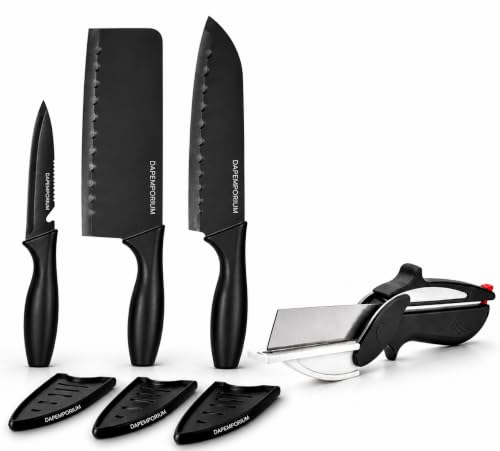 Image of Kitchen Knives Set with Clever Cutter 4 Pcs | Black Coted Stainless Steel Blade with Covers and Multi-Function Clever Cutter | Kitchen Knife Set and Slicer Scissor for Vegetable, Fruit & Meat Cutting