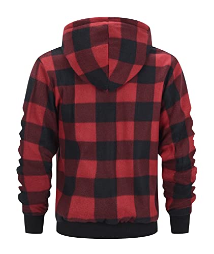 geeksport Fleecejacke Herren Sweatjacke Männer mit Kapuze Warme Kapuzenjacke Gefüttert Winterjacke Kariertes Hoodie mit ReißVerschluss, 0569-Rot L