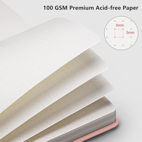 Image of RETTACY Dotted Journal Notebook, 192 Pages, A5 Medium Size (5.7'' x 8.3'') | Leather Hardcover, 100 GSM Thick Paper, for Journaling, Planning, Tracking (Pink)