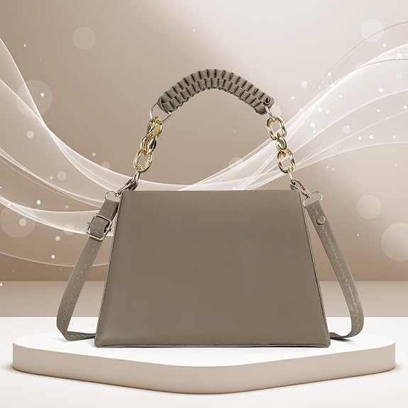 Image of Structured Handbag, Taupe, Faux Leather, with Gold Chain Handle, Braided Top Handle and Adjustable Crossbody Strap
