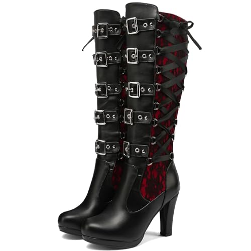 Lace Punk Knee High Boots for Women Back Zipper High-Heeled Combat Boots Buckle Block Heel Lace-up Black Goth Boots2