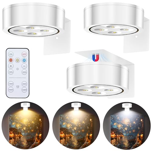 3 Pezzi Luce per Quadri, Luci LED a Batteria con Telecomando, 3 Modalità di Illuminazione Dimmerabili e Timer, Magnetiche Lampada per Quadri, per Soggiorno, Camera da Letto, Studio - Bianco