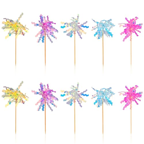 10 piezas de papel de aluminio de fuegos artificiales para cupcakes, decoración de cupcakes con fuegos artificiales, espumillón brillante, decoración para tartas, fuegos artificiales, palillos de