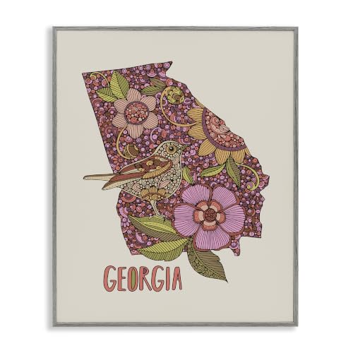 Georgia Bird and Floral Map, 11 x 14 Inch Framed Giclée Print