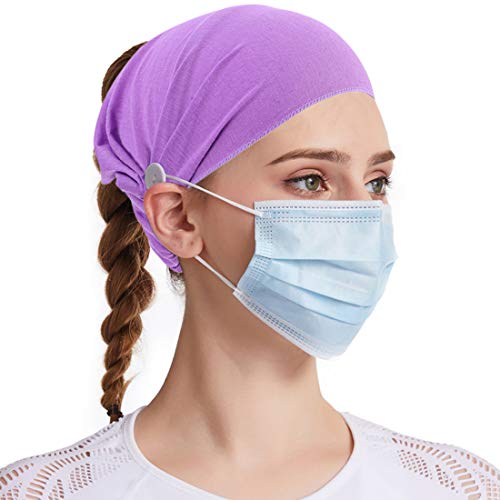 Women Working Cap with Button Bouffant Hats Elastic Headbands Head Cover for Face Masks and Covers Purple
