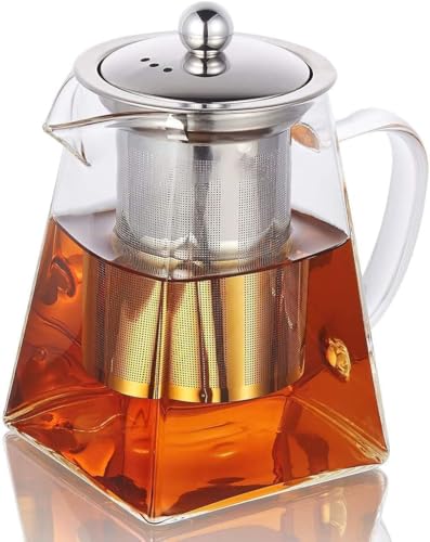 Square Glass Teapot with Infuser, Tea Pot for One, Clear Teapot Easy Clean Borosilicate Stovetop Safe(950ML)