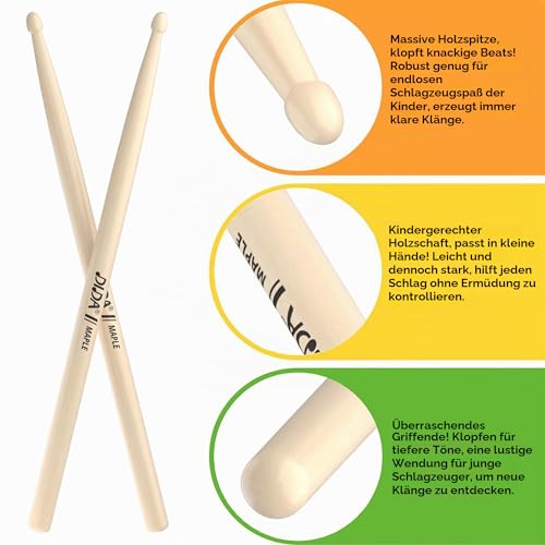 Drumsticks für Kinder, 30,5 cm, Ahornholz, Musikinstrument-Percussion-Zubehör, Drumsticks für Studenten, Anfänger (Ahorn, 2 Paar)