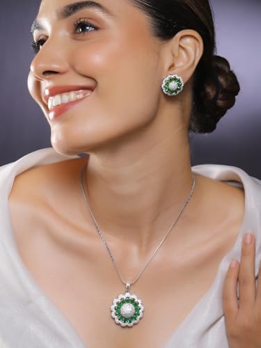 Image of Rubans Pendant Necklace Set American Diamond and Zirconia Gift Jewellery for Women & Girls
