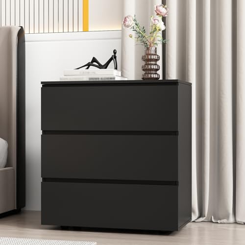 Image of Nightstand with 3 Drawers, Modern Bedroom End Table with No Handle, Wooden Bedside Storage Cabinet, Black 30.3 inch W x 32.3 inch H