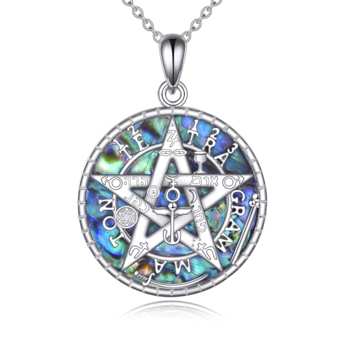 Sterling Silver Tetragrammaton Necklace for Women Men Abalone Shell Pentagram Pendant Necklace Wiccan Protection Amulet Pentacle Star Jewelry Gift for Wife Husband