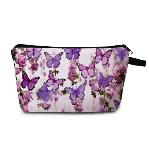 Purple Butterflies Roses Print Cosmetic Bag Elegant Holiday & Birthday Gift Idea Travel Makeup Organizer with Zipper Stylish Toiletry Pouch for Women