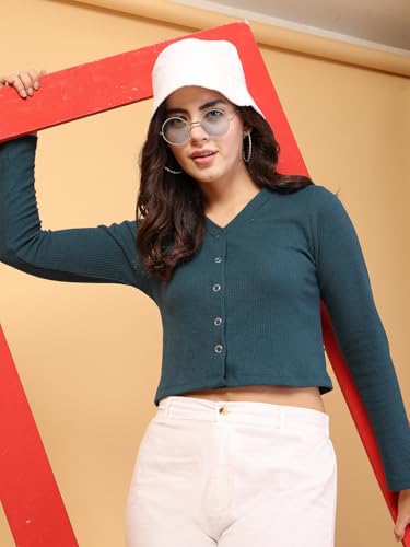 Image of Rigo Casual Wear V Neck Rib Knit Top for Women | Slim Fit Long Sleeves Western Tops for Women