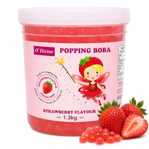 ODivine Popping Boba 1.3kg Strawberry Flavour Ready to Use Fruit Popping Pearls for Bubble Tea Drinks Desserts & Cocktails
