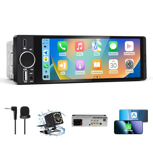 Single Din Car Stereo with Apple CarPlay & Android Auto, 6.36 Inch HD Touch CarPlay Screen, Backup Cam,Bluetooth, USB Type-C, SWC, EQ, FM Radio (with External Mic)