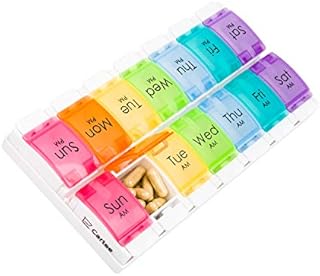 Cartee Weekly Pill Box Organiser | Easy to Open 2 Times a Day | Travel Tablet Box with Push Button Pop Open Design | Medication Organiser for Vitamins & Supplements (Double Row with Tray)