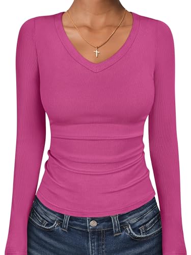Image of ANRABESS Long Sleeve V Neck Shirts for Women | Soft Comfy Ribbed Knit Fitted Tshirts, Casual Going Out Tops, 2026 Trendy Basic, Fall Winter Underscrub Layering Clothes