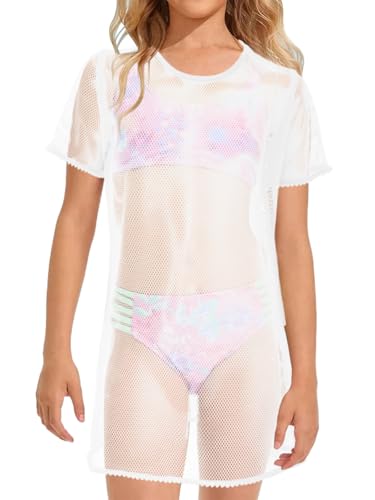 Image of Girls Swim Cover Up Kids Short Sleeve Beach Bathing Suit Bikini Cover Wraps With Pom Pom Trim 4-13 Years