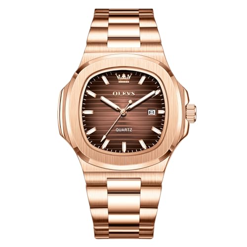 OLEVS Rose Gold Watch for Men Large Face Luxury Stainless Steel Analog Quartz Mens Dress Watches with Date Vintage Easy to Read Waterproof Mens Brown Octagonal Watch Luminous Reloj para Hombre
