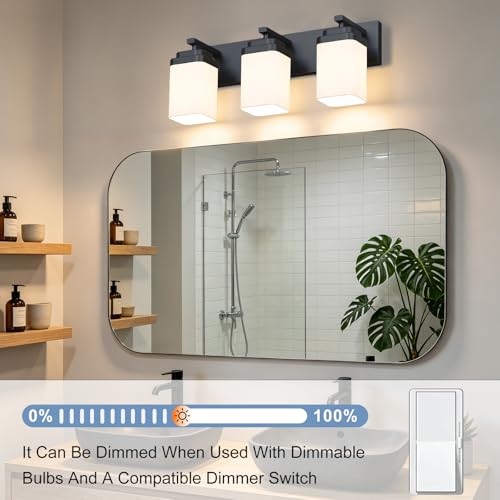 Image of Matte Black Bathroom Light Fixtures, 3 Lights Bathroom Lighting Fixtures Over Mirror, Square Design & Rectangle Large Backplate, Modern Vanity Lighting Fixtures, for Living Room /Bedroom